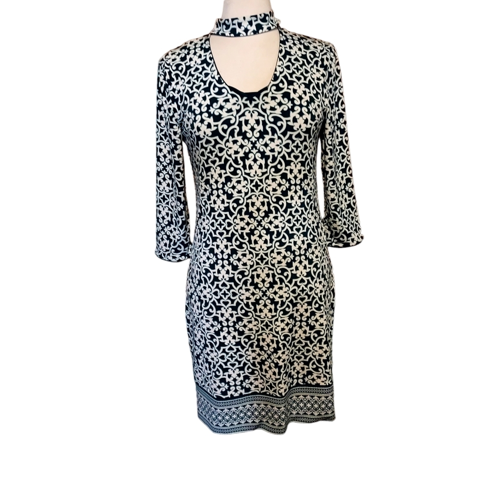 White House Black Market S Midi Dress Green White Slinky Stretch Heavywe…
